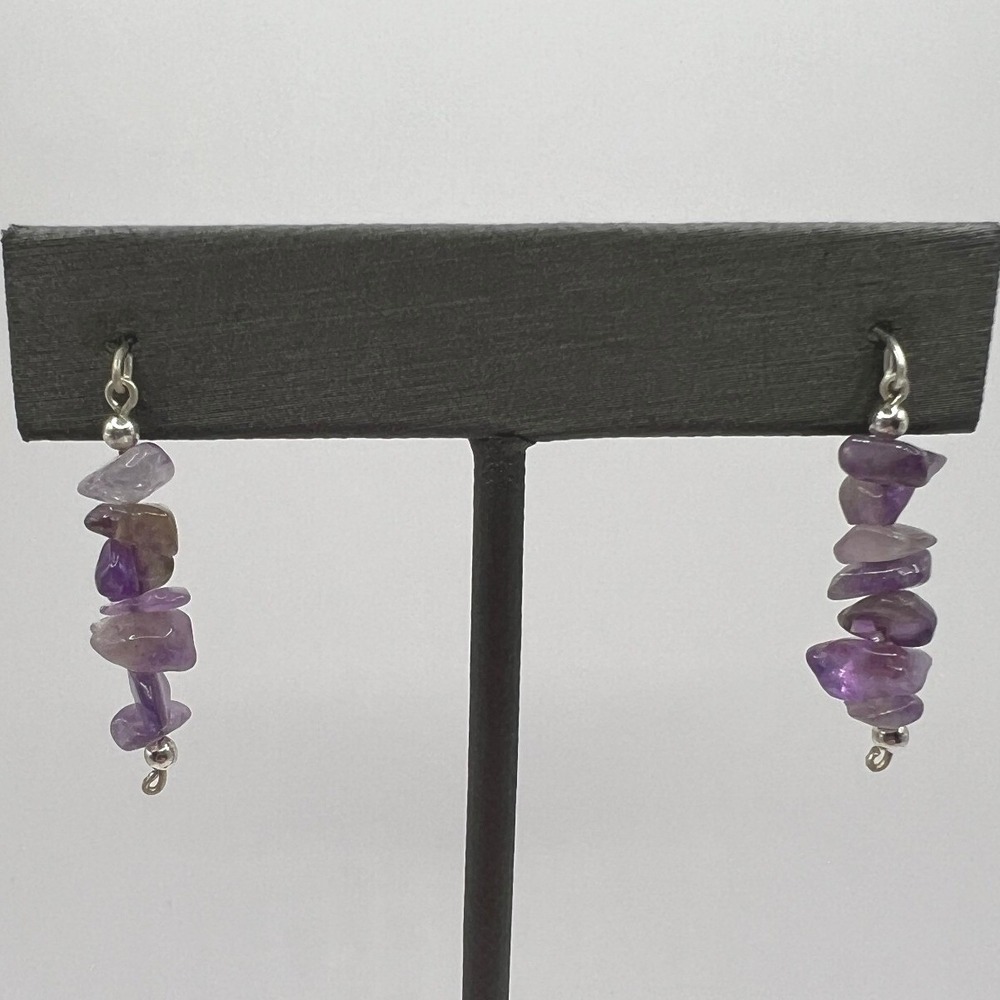 Artisan Amethyst Chip Dangle Earrings Silver Tone Drop